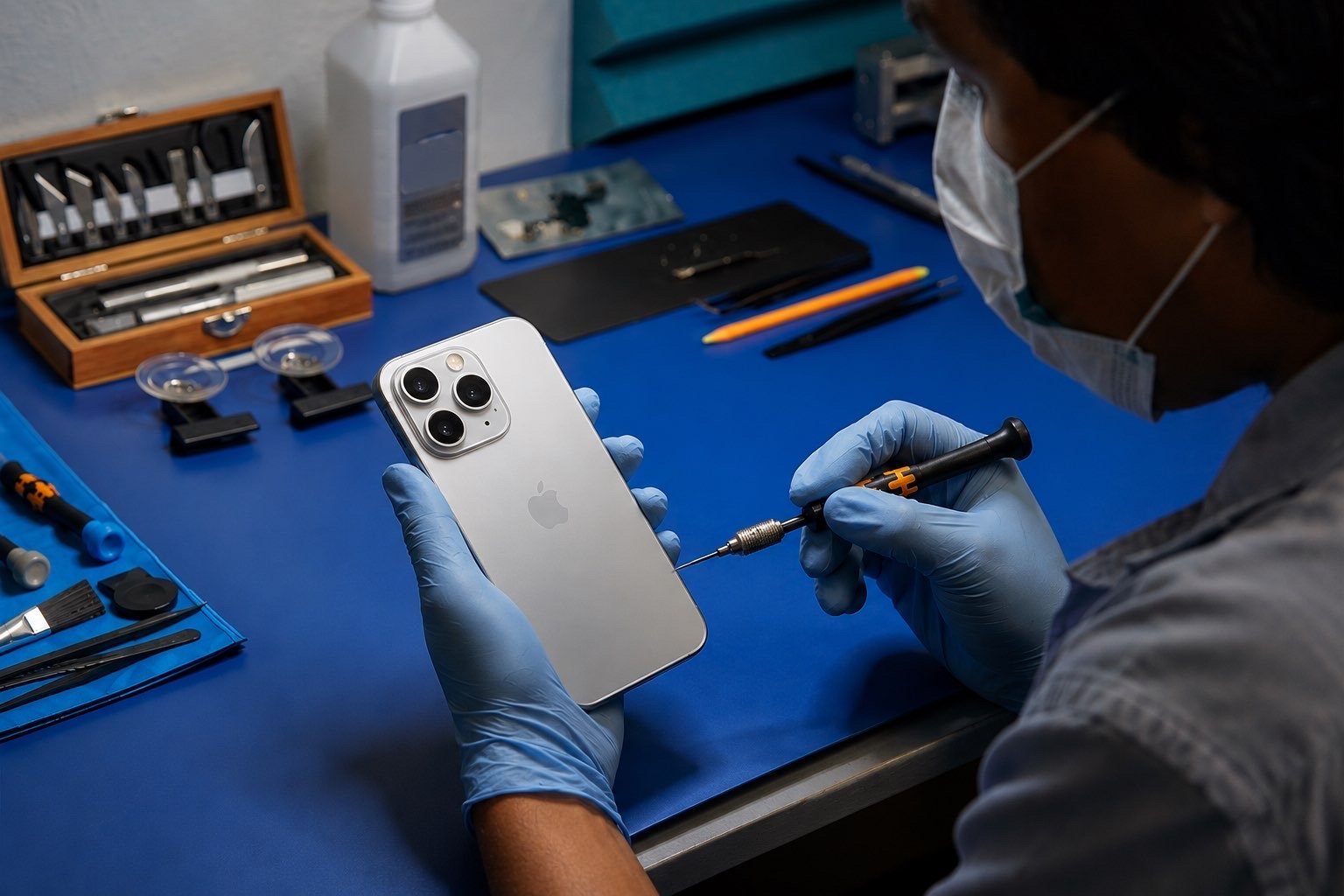 Technician in blue gloves repairing a white iPhone on a blue workbench with repair tools and components nearby