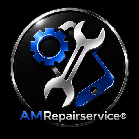 AM Repairservice logo featuring a blue gear and wrenches on a black circular background
